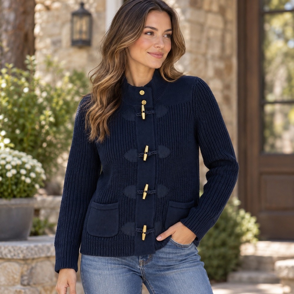 Lauren Ralph Lauren Cardigan Womens PL Navy Blue Excellent Toggle Mock Neck Knit